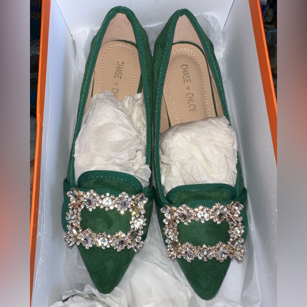 VICI Vanderpump Chase + Chloe Suede Emerald Flats with Crystal Buckle 6.5